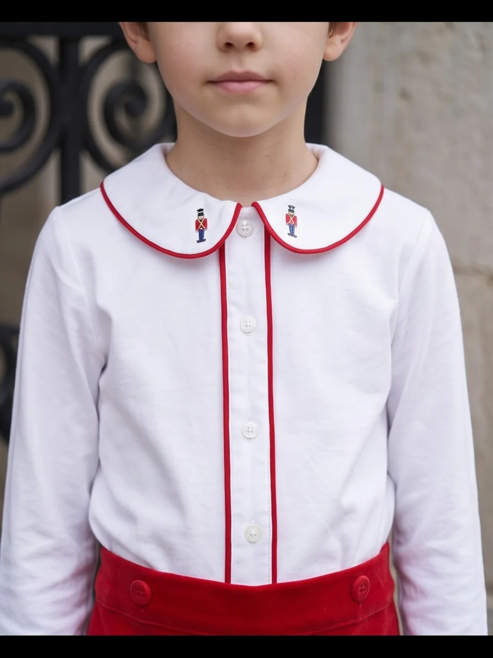 White Peter Pan Collar Top and Red Velvet Shorts Set